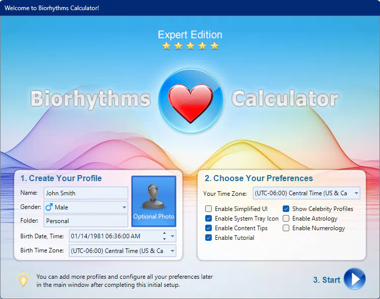 Biorhythms Calculator Getting Started Dialog