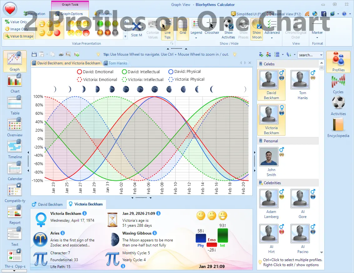 Biorhythms Calculator lets you See Multiple Profiles in One View