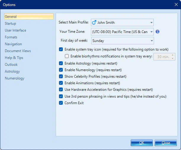 Biorhythms Calculator 2026 Options Window