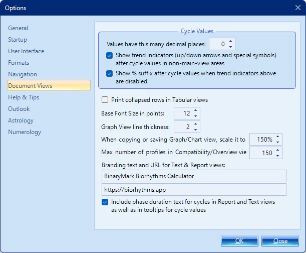 Biorhythms Calculator 2026 Options Window