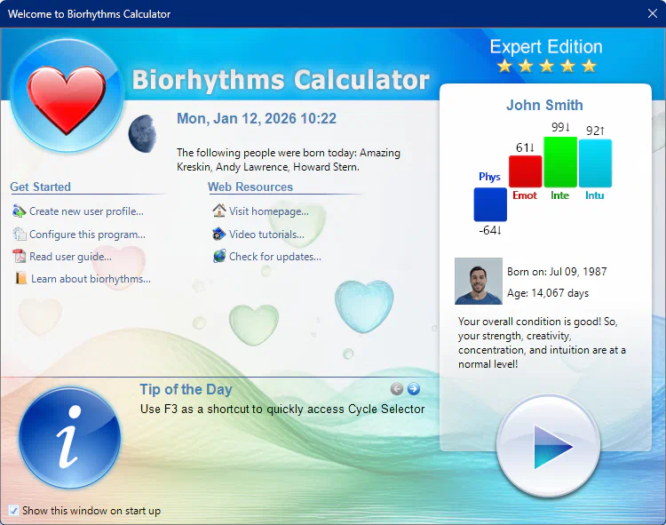 Biorhythms Calculator Welcome Screen